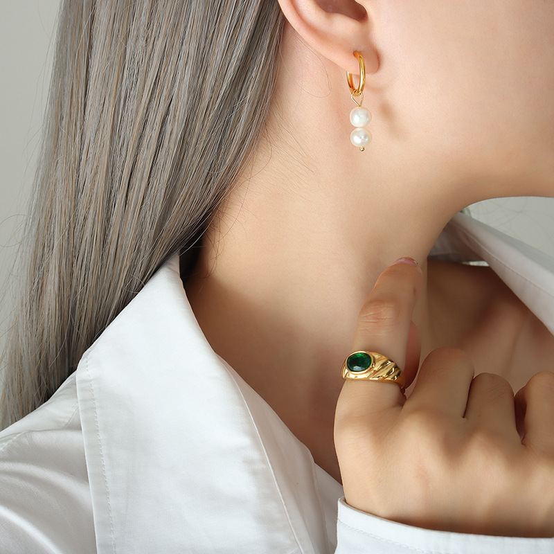 European Fashion INS Style Geometric U-Shaped Freshwater Pearl Pendant Earrings Titanium Steel 18K PVD Gold Plated Jewelry - Image 4
