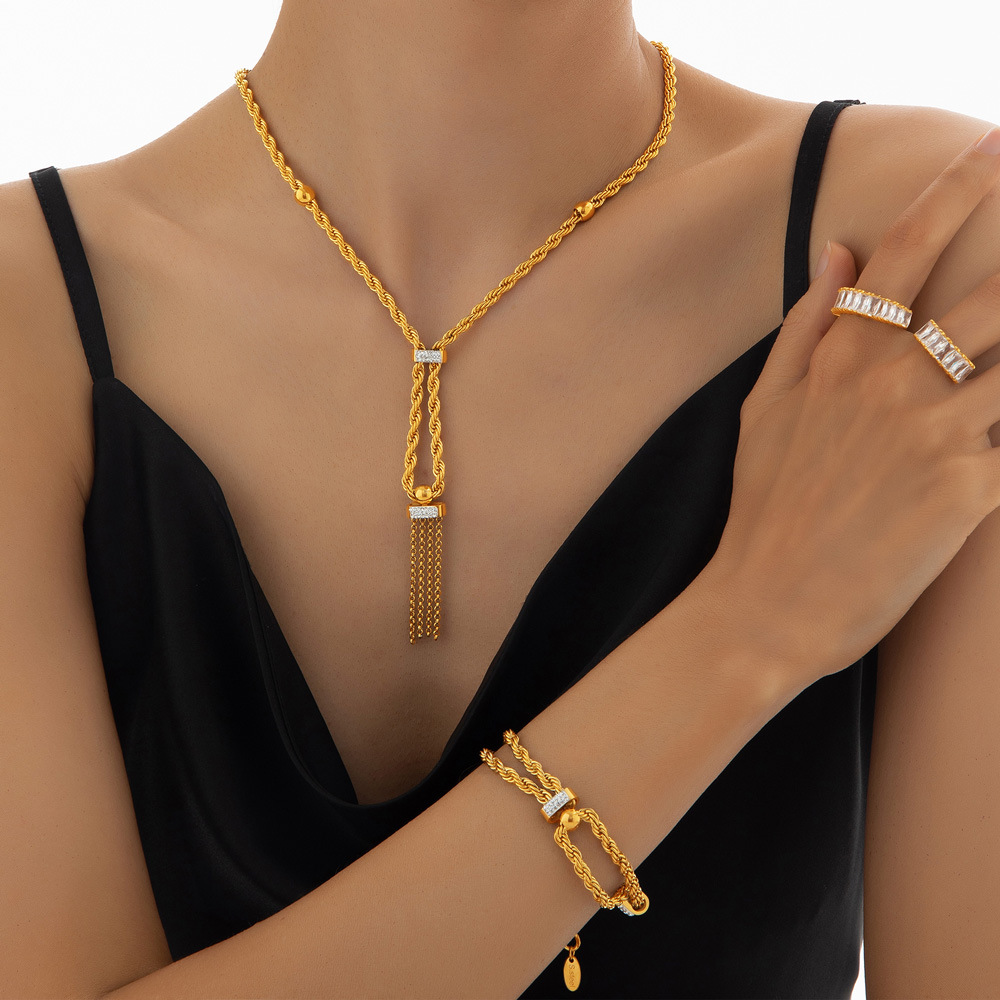 Minimalist Geometric Double Layer Braided Chain Earrings Titanium Steel 18K PVD Gold Plated Jewelry Set for Women - Image 5