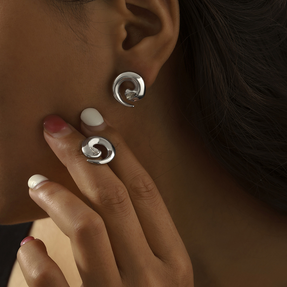Japanese and Korean Style Unique Spiral Twisted Design Jewelry Minimalist CZ Inlaid Luxurious Titanium Steel Jewelry Set - Image 5