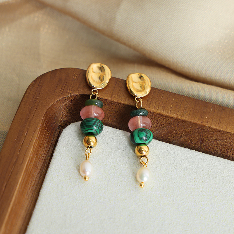 European and American Vintage Luxury Natural Stone Handmade Beaded Long Freshwater Pearl Pendant Earrings for Women - Image 4