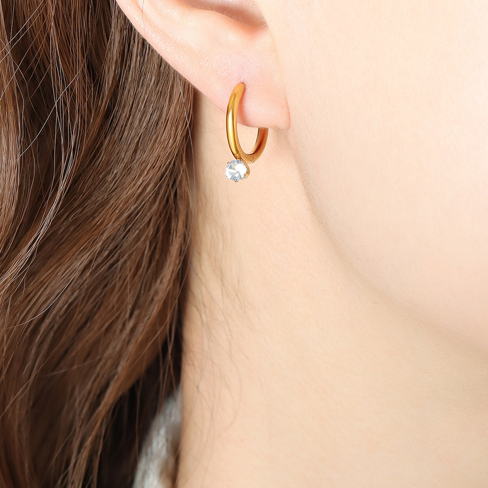 Delicate Small Chic Earrings with Zircon Inlay Titanium Steel 18K PVD Gold Plated Thin Hoop Earrings F437 - Image 4