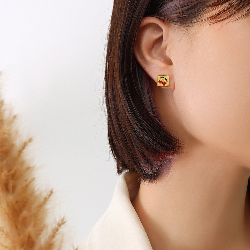 European Geometric Cherry Earrings Stainless Steel 18k PVD Gold Plated Minimalist weight Jewelry for Women - Image 4