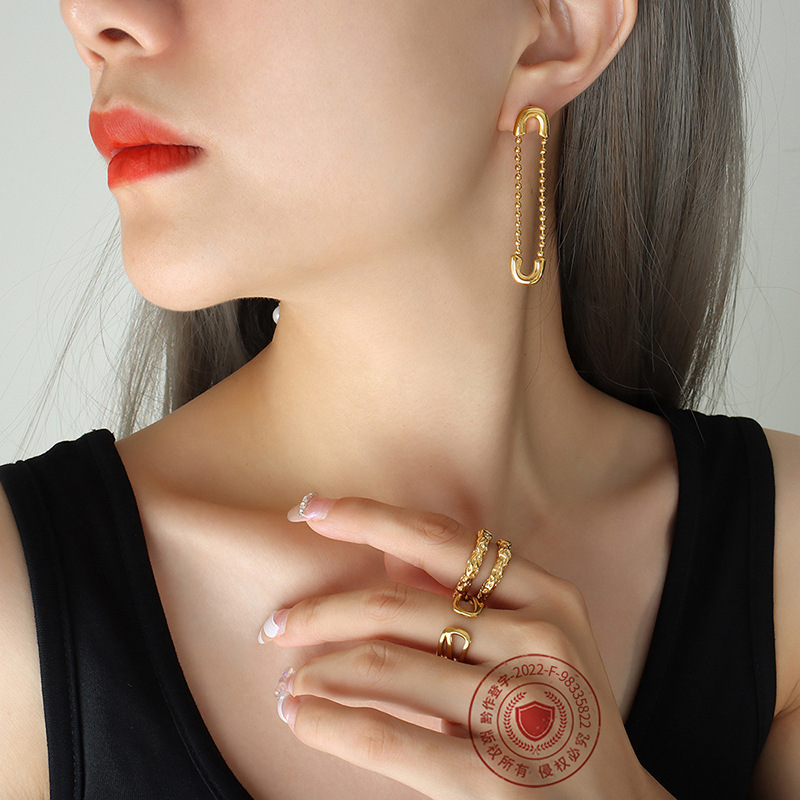 Korean Unbalanced Exaggerated Design Titanium Steel 18K PVD Gold Plated Tassel Imitation Pearl Pendant Brooch Earrings - Image 4