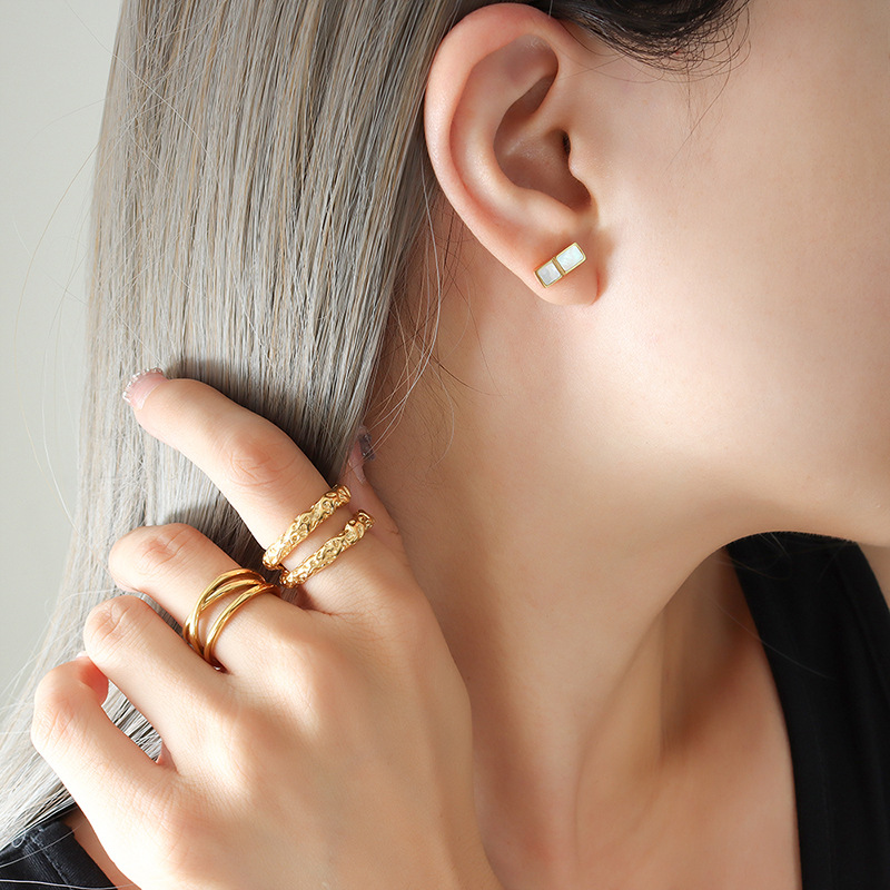 Unique Small Square White Shell Earrings Ins Style Fashionable and Versatile Titanium Steel 18K PVD Gold Plated Ear Studs - Image 4