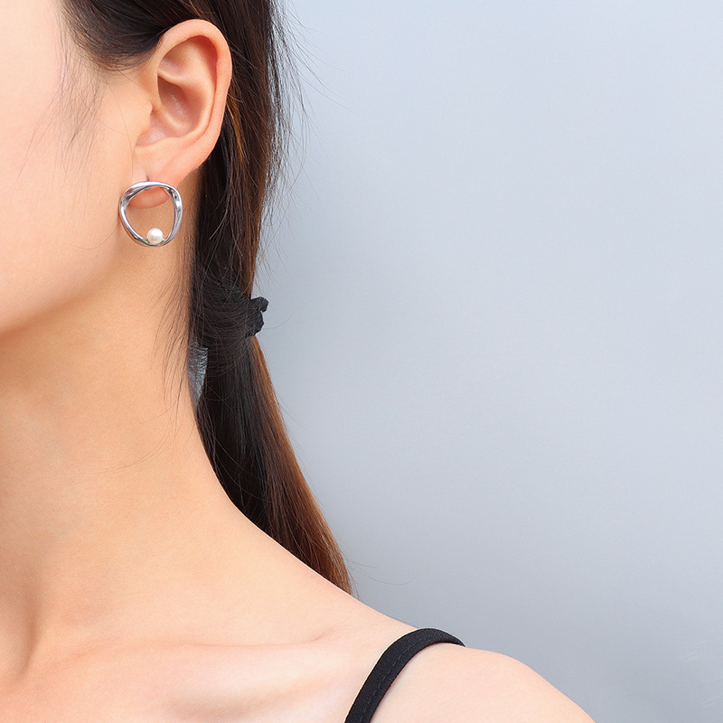 Korean Ins Style Irregular Geometric Imitation Pearl Earrings Titanium Steel 18K PVD Gold Plated Jewelry for Women - Image 3
