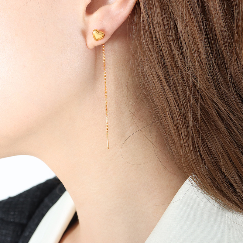 Heart Stud Earrings with Tassel Design Titanium Steel 18k PVD Gold Plated Chic Minimal Women Accessories - Image 4