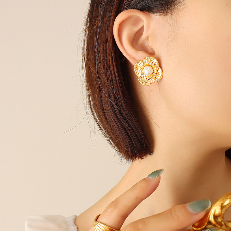 Geometric Pearl Earrings Titanium Steel 18k PVD Gold Plated French Minimal Factory Direct Women Jewelry - Image 3