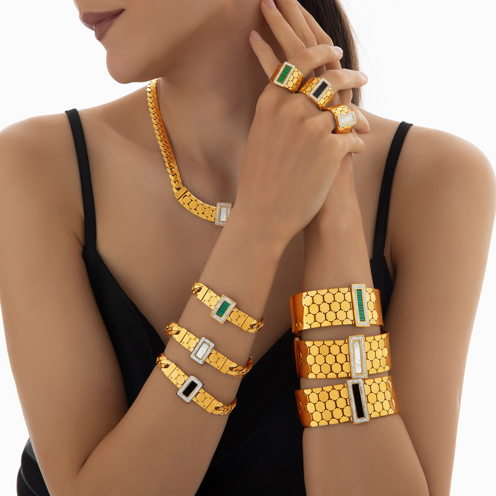Honeycomb Geometric Earrings Titanium Steel 18k PVD Gold Plated French Luxury Style Women Jewelry Set - Image 5
