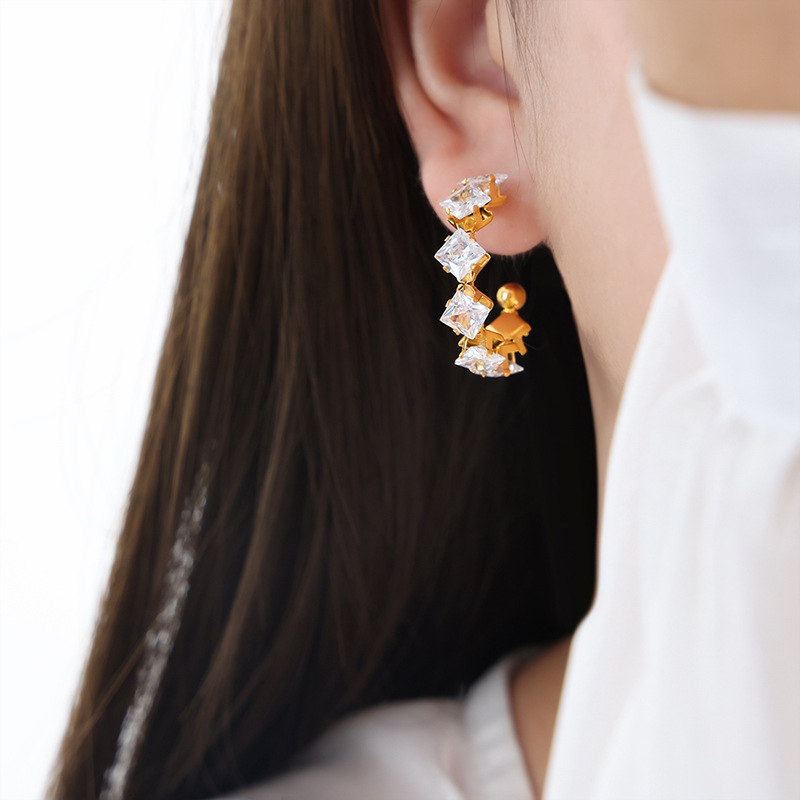 C-Shaped Earrings with Claw Set Sparkling Zircon Luxury 18K PVD Gold Plated Titanium Steel Jewelry for Women - Image 4