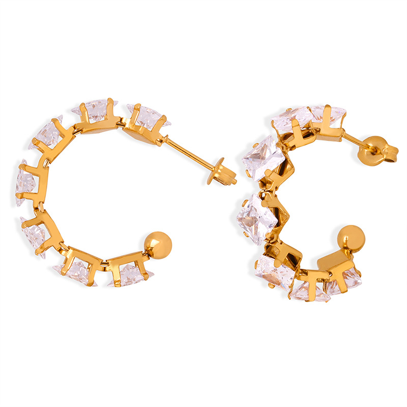 C-Shaped Earrings with Claw Set Sparkling Zircon Luxury 18K PVD Gold Plated Titanium Steel Jewelry for Women