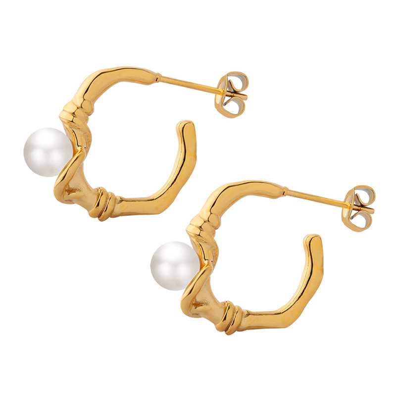 Retro Elegant Small Design Circular Knot Earrings with Faux Pearls Titanium Steel 18K PVD Gold Plated Studs for Women