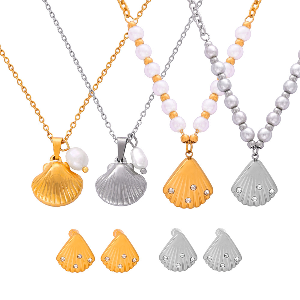French-Inspired Casual Style Pendant Earrings Zircon Shell and Freshwater Pearl Titanium Steel Jewelry Set for Women