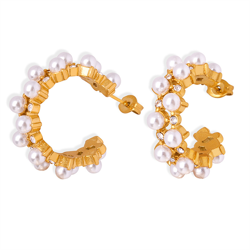 Amazon Style C-Shaped Geometric Earrings with Zircon Inlaid and Glossy Pearl Titanium Steel 18K PVD Gold Plated Elegant Jewelry