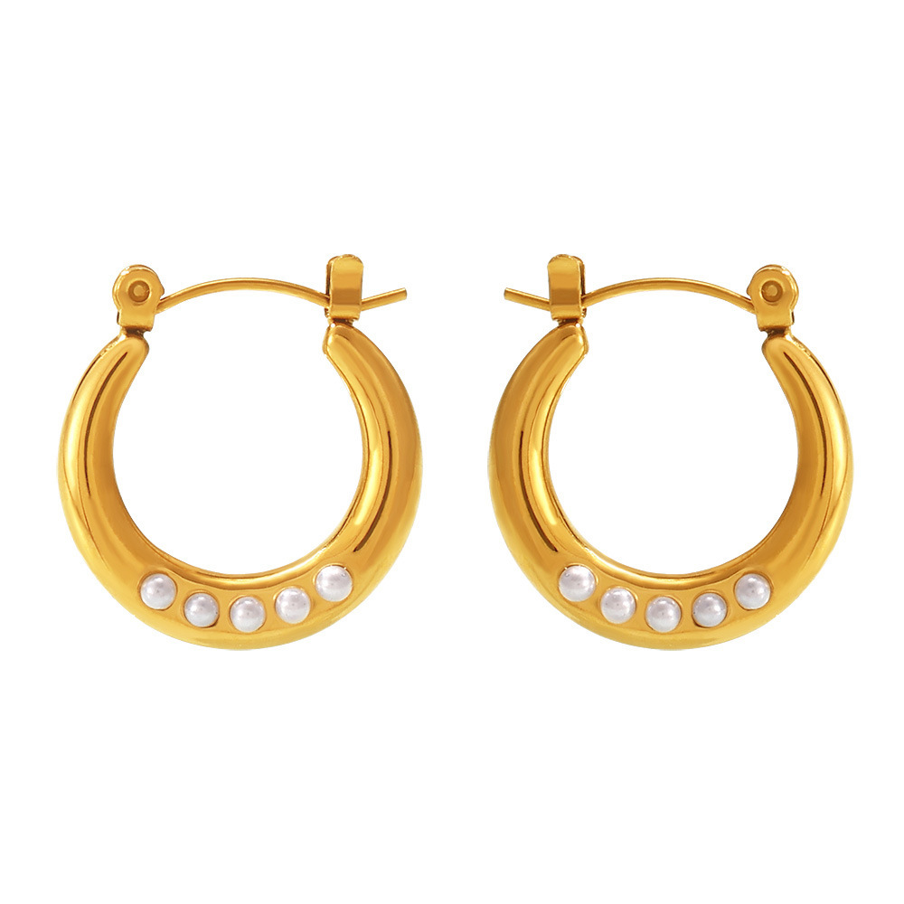 INS Style Geometric Pearl Imitation Open Hoop Earrings Titanium Steel 18K PVD Gold Plated Elegant Luxurious Non-Fade Earrings