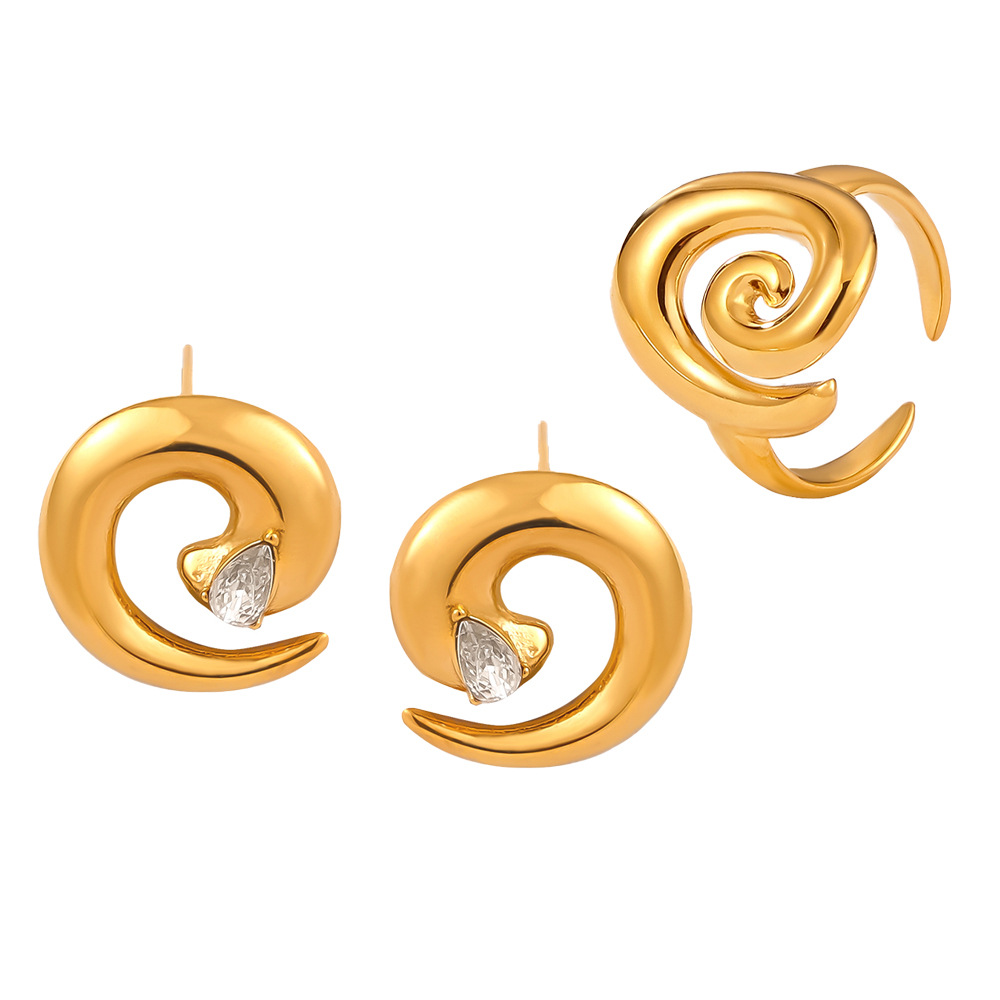 Japanese and Korean Style Unique Spiral Twisted Design Jewelry Minimalist CZ Inlaid Luxurious Titanium Steel Jewelry Set