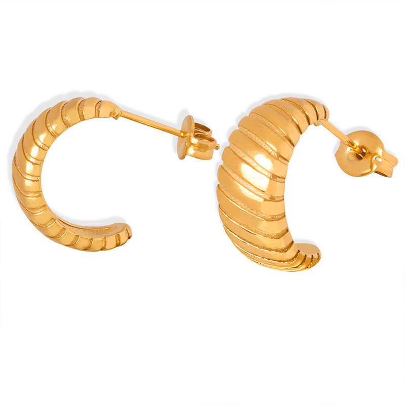 INS Style Vintage Geometric C-Shape Design Cold Minimalist Engraved Titanium Steel Earrings for Women 18K PVD Gold Plated