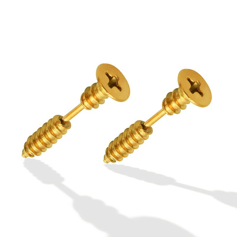 American Trendy Unisex Screw Stud Earrings Titanium Steel 18K PVD Gold Plated Hip Hop Chic Jewelry