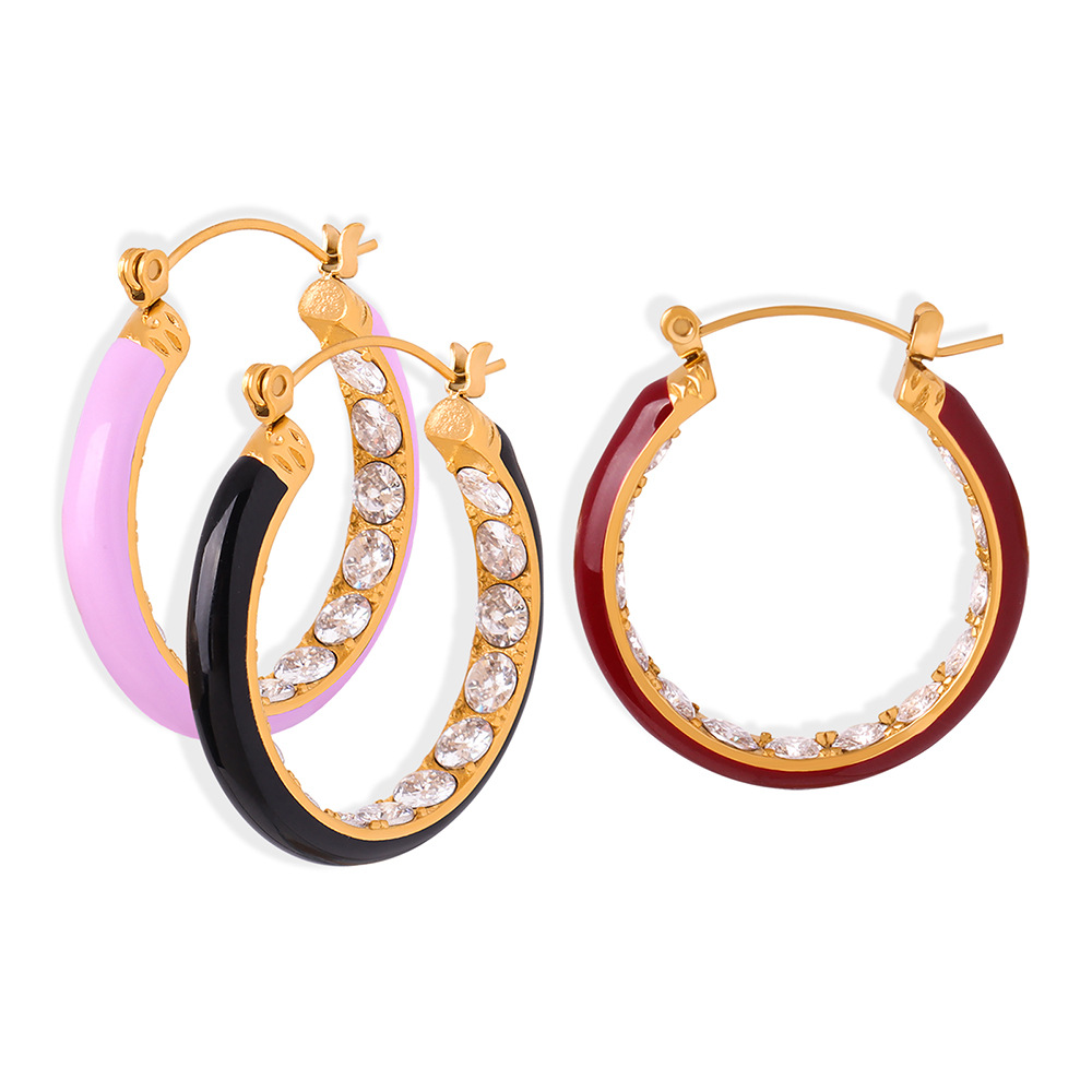 Bold Retro Colorful Enamel Titanium Steel Earrings with Zircon Inlay 18K PVD Gold Plated for Women