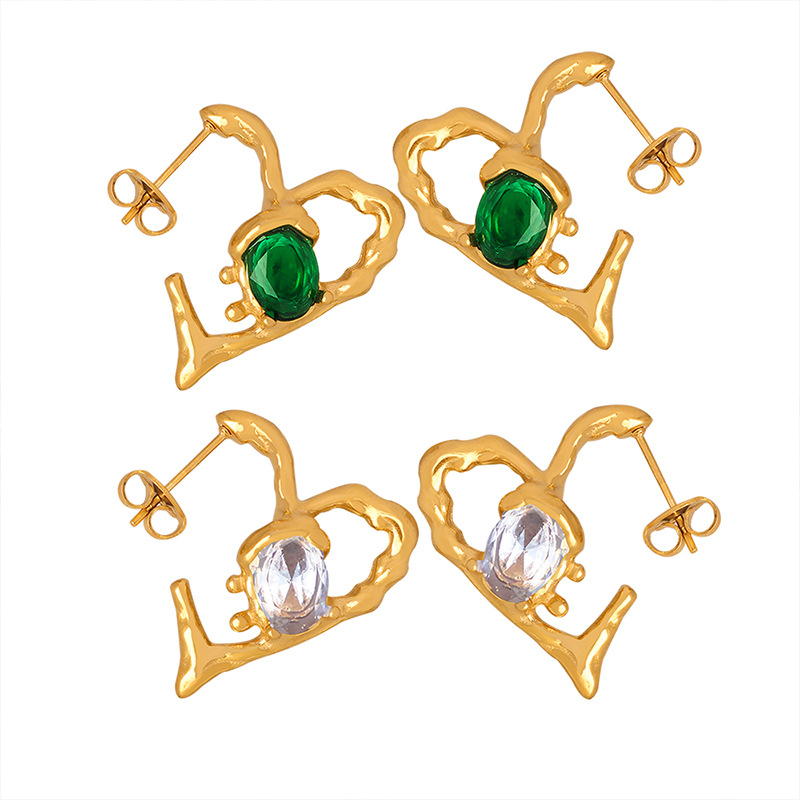 Bold Heart Shaped Earrings with Zircon Inlay Titanium Steel 18K PVD Gold Plated Creative Jewelry for Women