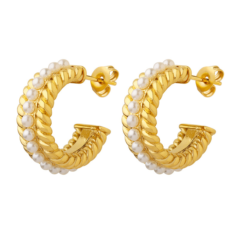 Gender-Neutral French Style C-Shape Pearl Inlay Vintage Titanium Steel Earrings 18K PVD Gold Plated Jewelry