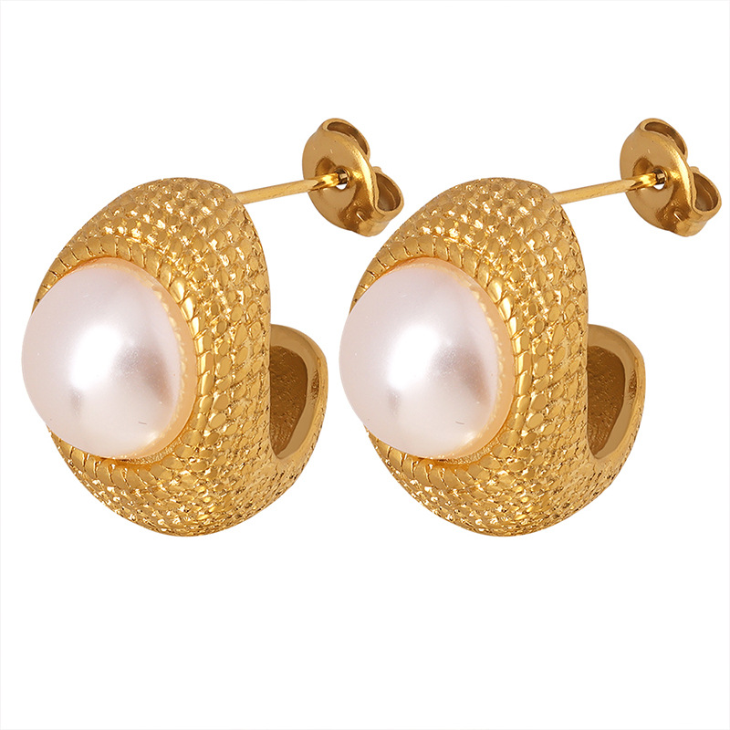 Vintage Neutral Style Summer Pearl Inlay Titanium Steel C-Shape Luxury Earrings 18K PVD Gold Plated