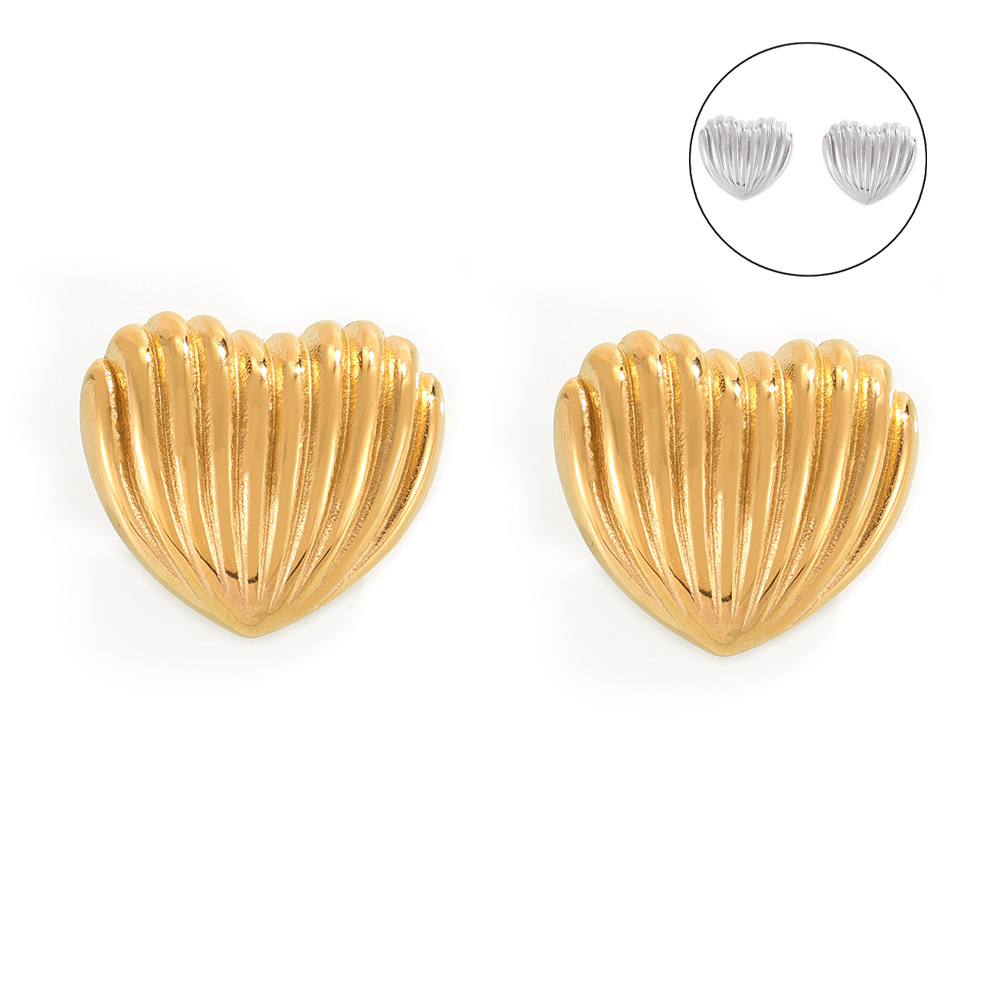 Korean Simple Elegant Sweet Heart-Shaped Earrings with Vertical Stripe Design Titanium Steel 18K PVD Gold Plated