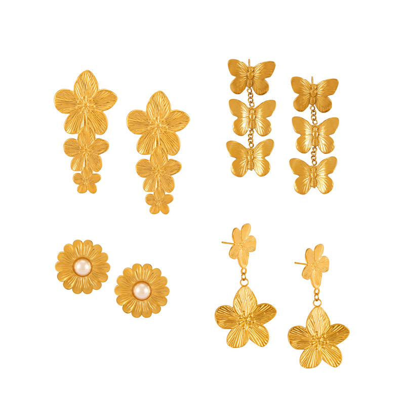 Korean Fresh and Simple Textured Pendant Earrings Retro Style Titanium Steel 18K PVD Gold Plated