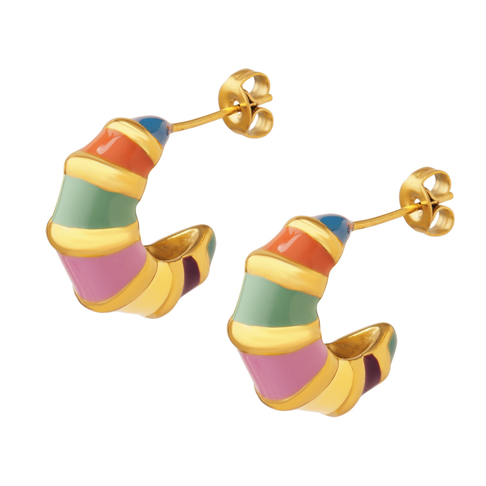 Retro European Style Non-Fading Colorful C-Shape Earrings with Enamel Inlay and Drip Oil Design Titanium Steel Studs