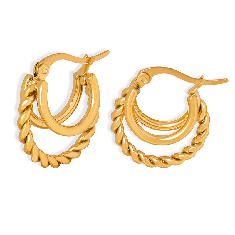 Simple Geometric C-Shape Earrings Titanium Steel 18K PVD Gold Plated Non-Fading with Twisted Link Design for Women