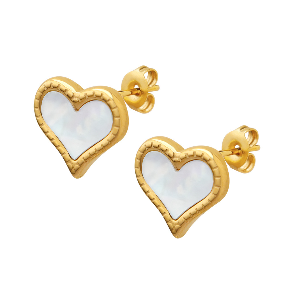 Retro White Sea Shell Heart Shape Love Earrings Titanium Steel 18K PVD Gold Plated INS Style F388