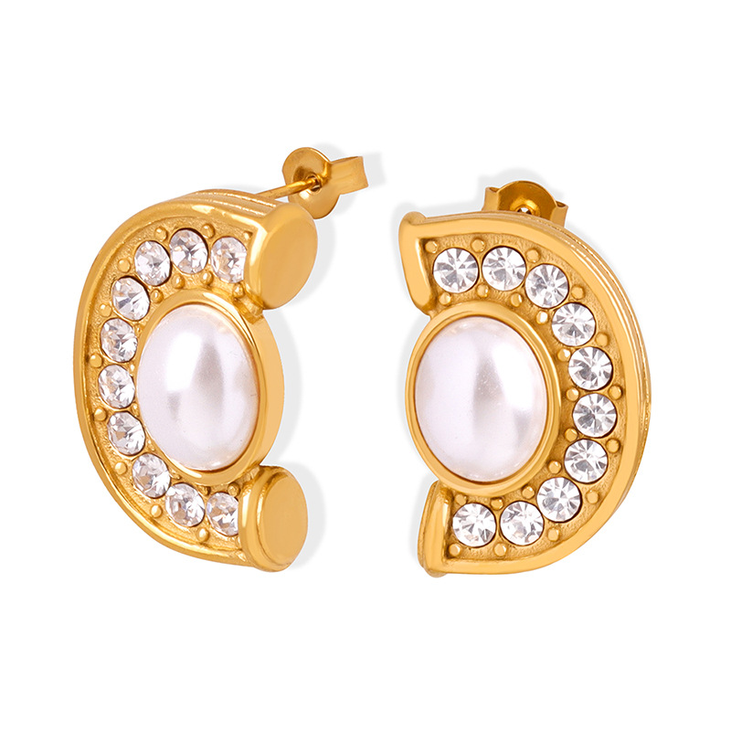 French Glamorous CZ Inlay Letter C-Shape Earrings Titanium Steel 18K PVD Gold Plated Geometric Design for Women