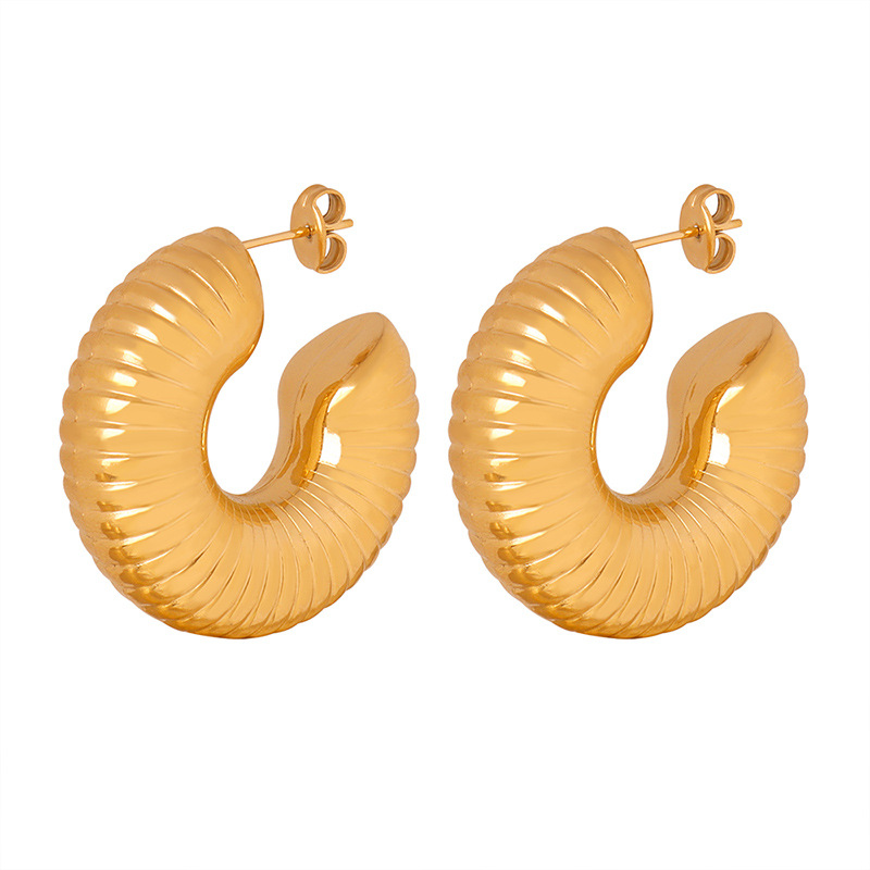European New Fashion Unique High-End Titanium Steel Gold-Plated Geometric Earrings with Textured Design for Women