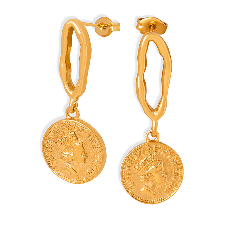 French Retro Unique Geometric B Round Coin Pendant Luxury Titanium Steel 18K PVD Gold Plated Earrings for Women