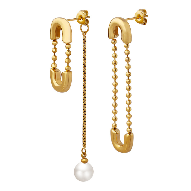 Korean Unbalanced Exaggerated Design Titanium Steel 18K PVD Gold Plated Tassel Imitation Pearl Pendant Brooch Earrings