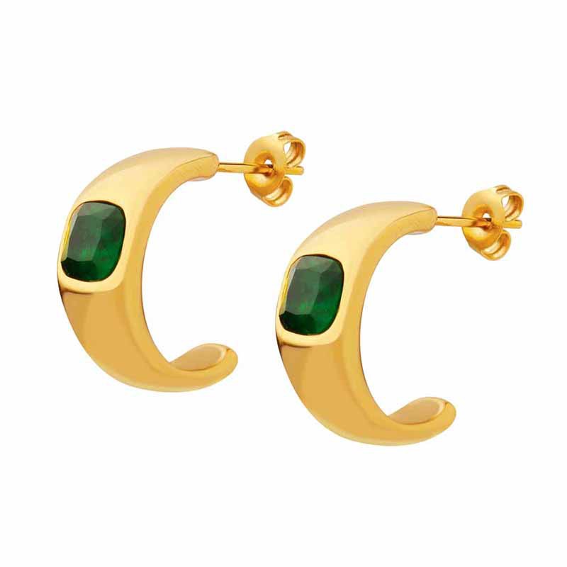 Unique C-Shaped Earrings with Green Zircon Inlay Titanium Steel 18K PVD Gold Plated Elegant Fashionable Jewelry for Women
