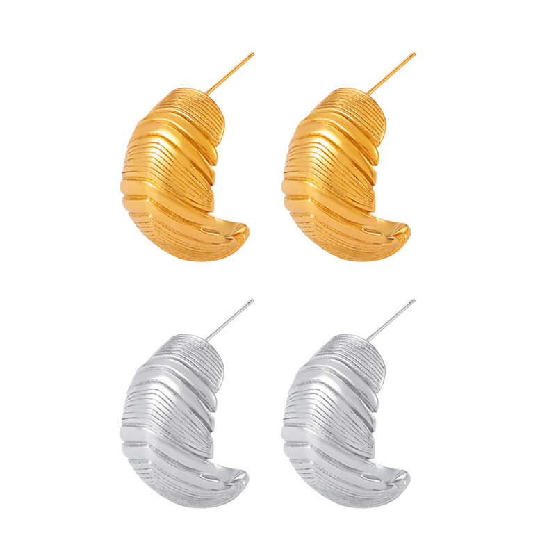 Chic Style Minimalist Elegant Feather Shaped Geometric Textured Design Titanium Steel 18K PVD Gold Plated Earrings for Women