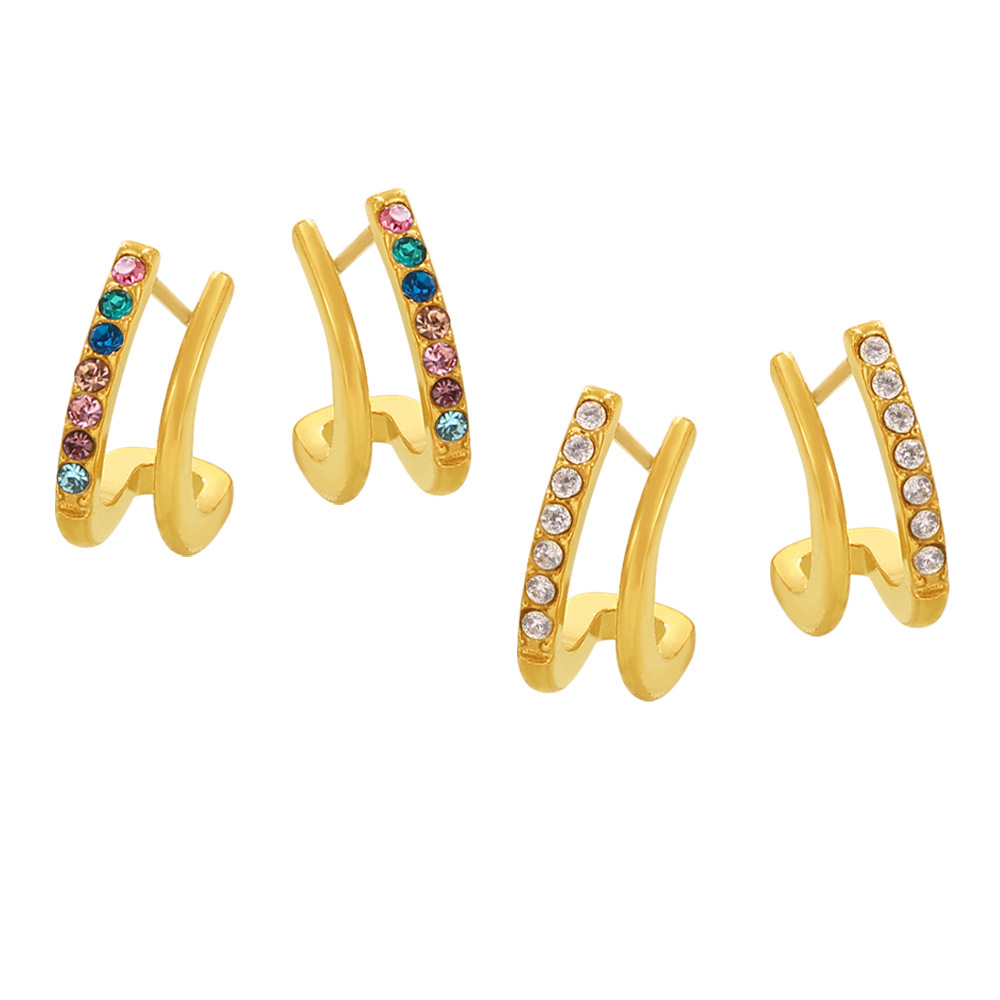 Double-Layer Zircon C Hoop Earrings Titanium Steel 18k PVD Gold Plated Minimal Everyday Luxury Women Accessories