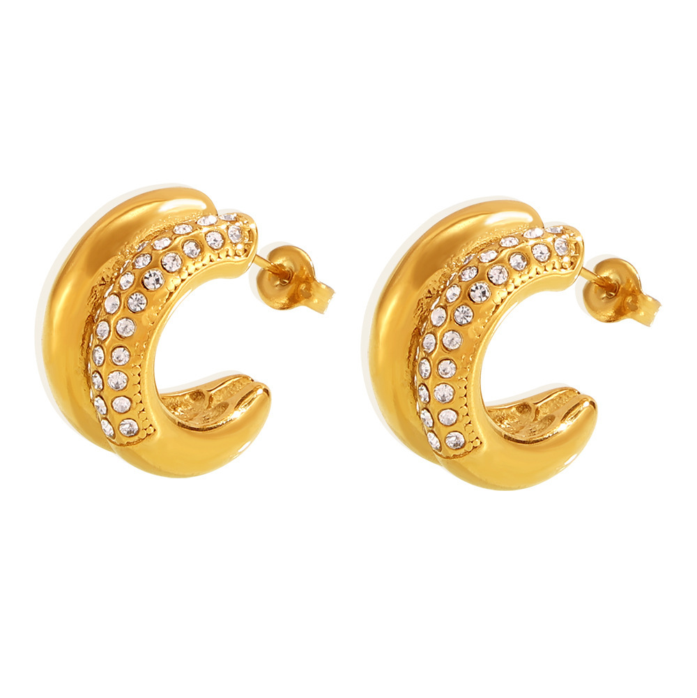 Crescent Double C Hoop Earrings Stainless Steel 18k PVD Gold Plated Minimal Non Tarnish Retro Women Jewelry