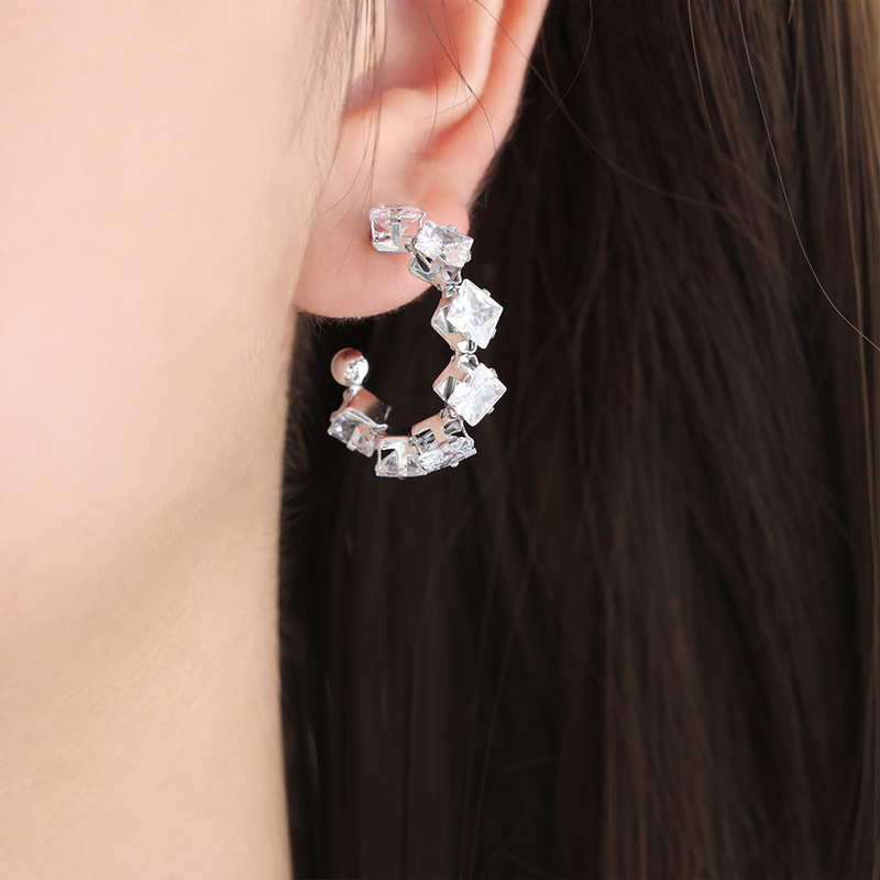 C-Shaped Earrings with Claw Set Sparkling Zircon Luxury 18K PVD Gold Plated Titanium Steel Jewelry for Women - Image 5