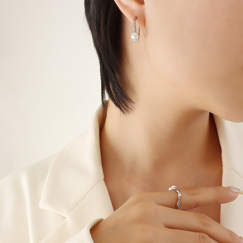 Retro Elegant Small Design Circular Knot Earrings with Faux Pearls Titanium Steel 18K PVD Gold Plated Studs for Women - Image 5