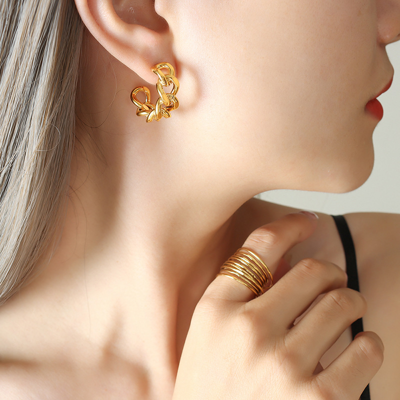 European and American Minimalist Twisted Hollow C-Shaped Earrings 18K PVD Gold Plated Titanium Steel Studs Unique Design - Image 5