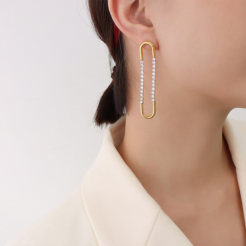 French Choker Exaggerated U-Shaped Earrings with Zircon Inlaid Design Titanium Steel 18K PVD Gold Plated Jewelry for Women - Image 5