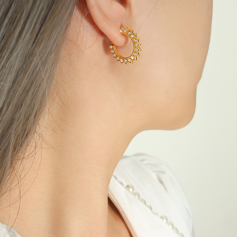 French Vintage INS Non-Fading Luxury Earrings with Zircon Inlaid C-Shaped Sunflower Design 18K PVD Gold Plated for Women - Image 5