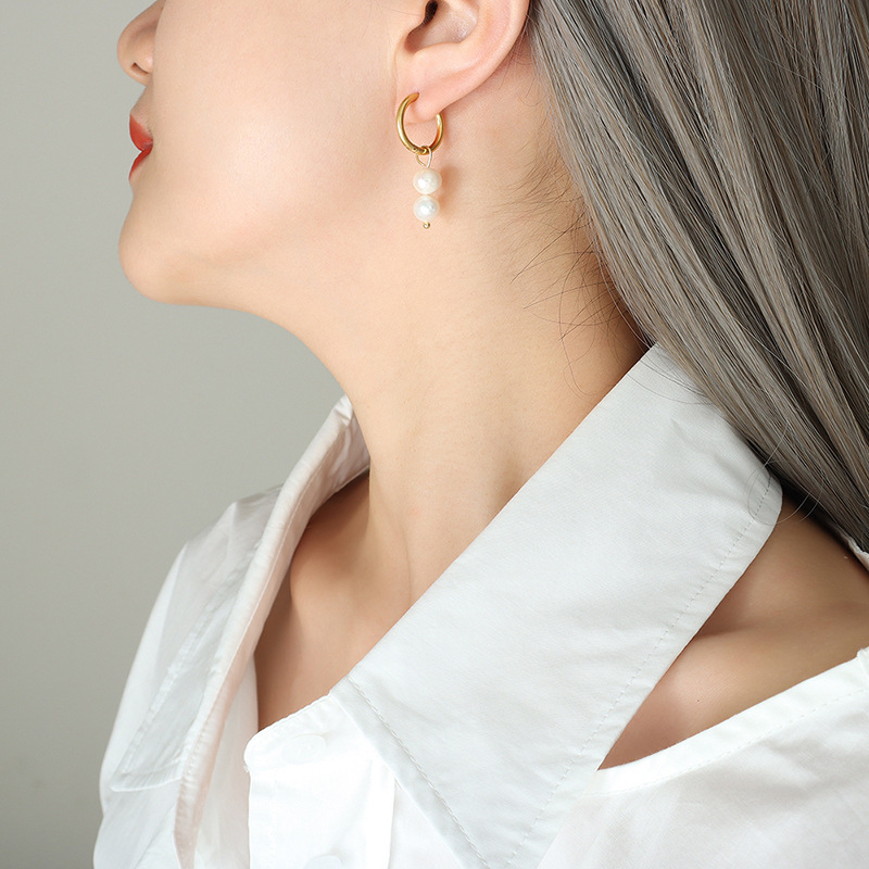 European Fashion INS Style Geometric U-Shaped Freshwater Pearl Pendant Earrings Titanium Steel 18K PVD Gold Plated Jewelry - Image 5