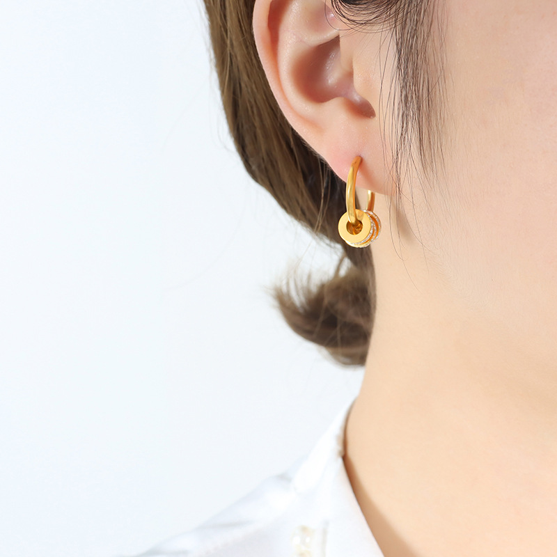 European Trendy Small Round Circle Pendant Earrings Zircon Inlaid Titanium Steel 18K PVD Gold Plated Elegant Jewelry - Image 5