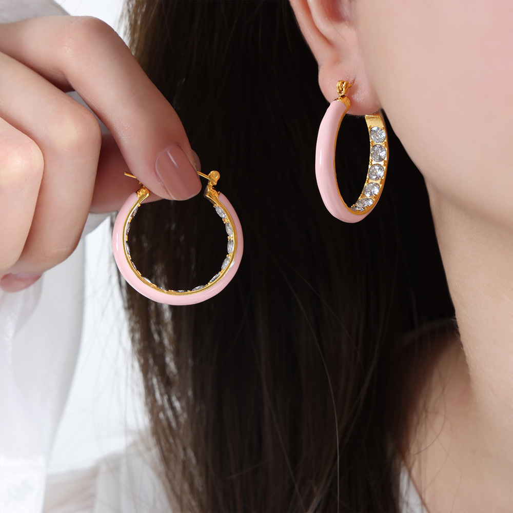 Bold Retro Colorful Enamel Titanium Steel Earrings with Zircon Inlay 18K PVD Gold Plated for Women - Image 5