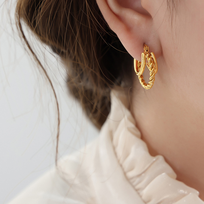 Simple Geometric C-Shape Earrings Titanium Steel 18K PVD Gold Plated Non-Fading with Twisted Link Design for Women - Image 5