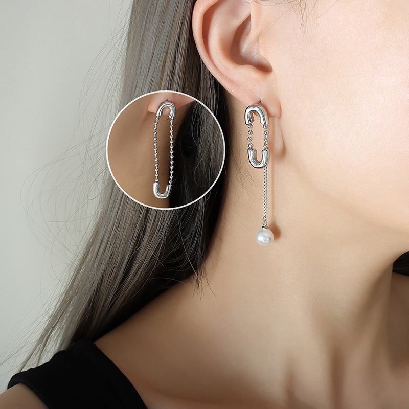 Korean Unbalanced Exaggerated Design Titanium Steel 18K PVD Gold Plated Tassel Imitation Pearl Pendant Brooch Earrings - Image 5