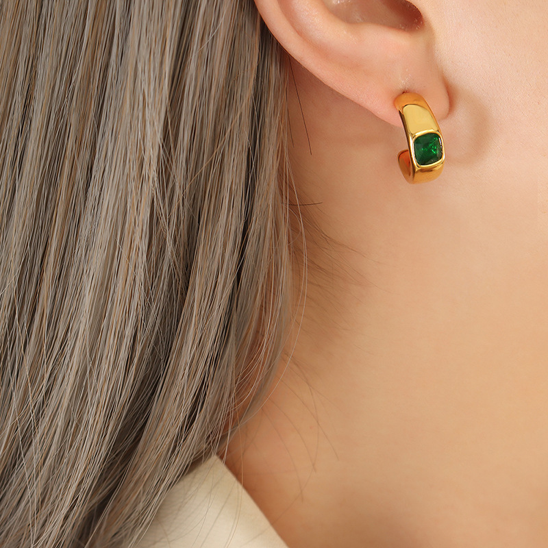Unique C-Shaped Earrings with Green Zircon Inlay Titanium Steel 18K PVD Gold Plated Elegant Fashionable Jewelry for Women - Image 5