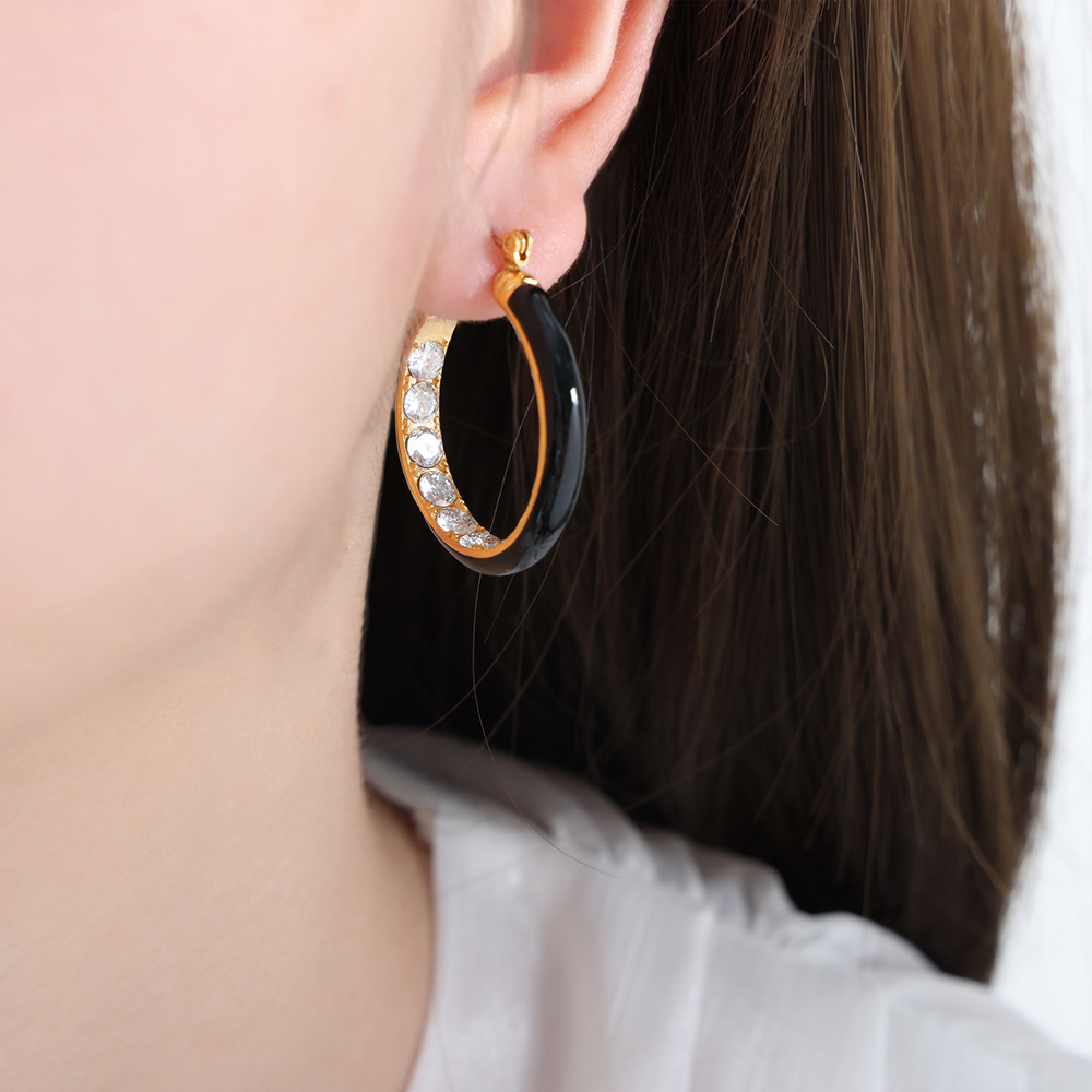 Bold Retro Colorful Enamel Titanium Steel Earrings with Zircon Inlay 18K PVD Gold Plated for Women - Image 6